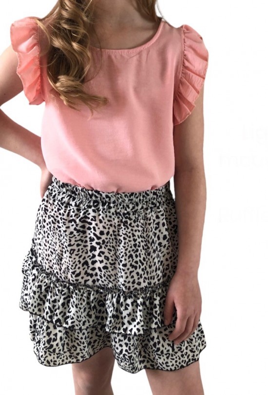 Light pink mouwloze top + Ruffle Leopard rokje