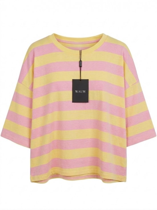 Wauw t-shirt gestreept geel roze