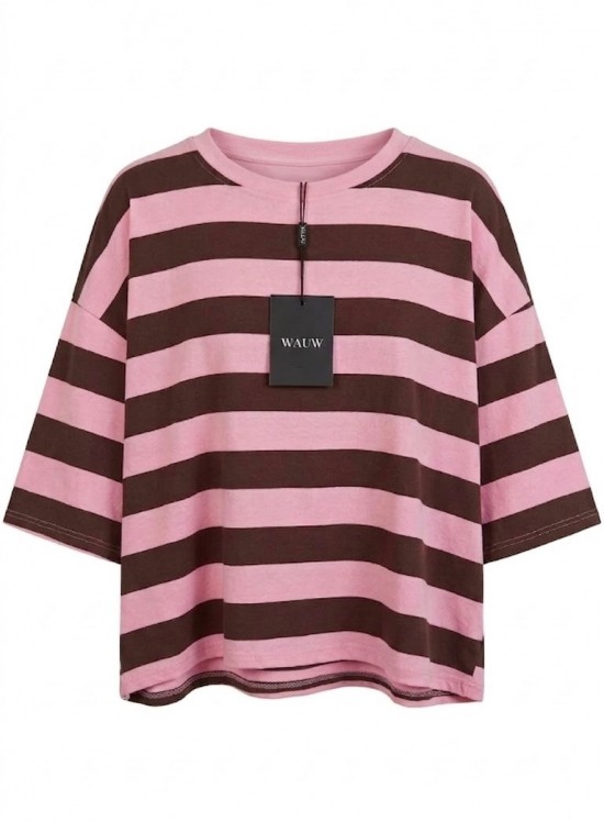 Wauw t-shirt gestreept roze bruin