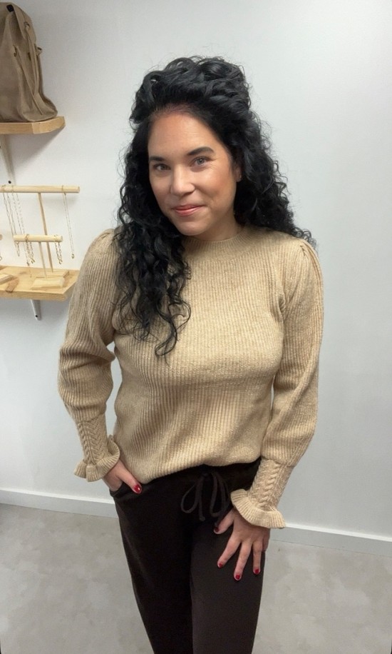 Azzurro trui ruffle mouw beige