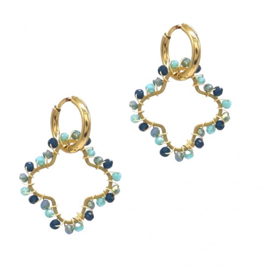 Oorbellen glaskralen klaver blauw grijs