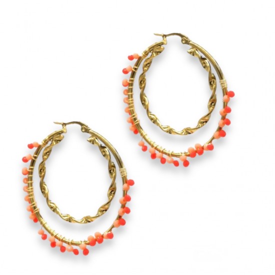 Oorbellen glaskralen oranje roze goud